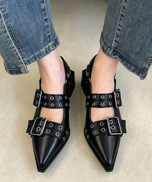 ハトメベルトパンプス ポインテッドトゥ靴 チャンキーヒールパンプスレディース 歩きやすいバックストラップパンプスモード系バックルベルトメリージェーンシューズ韓国風 90XUEZ-001
