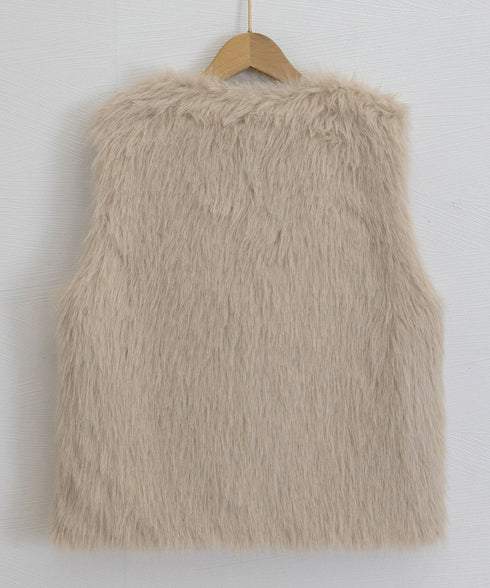 フェイクファーベスト ふわふわファージレ エコファーボリュームベスト 大人可愛いトレンドファージャケットノースリーブ 高見え ノーカラーアウター秋冬 ポケット付き 90XYHM-001