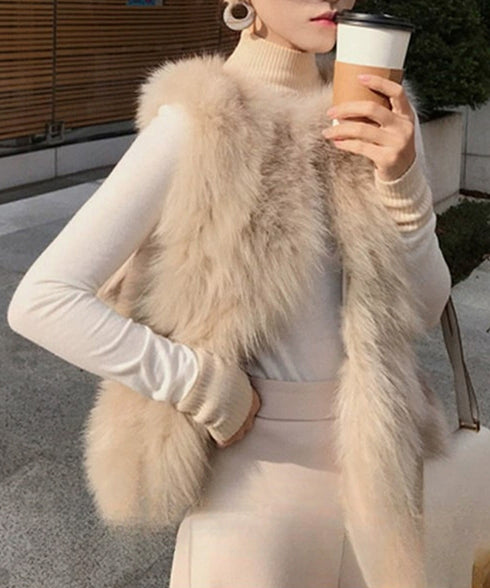 フェイクファーベスト ふわふわファージレ エコファーボリュームベスト 大人可愛いトレンドファージャケットノースリーブ 高見え ノーカラーアウター秋冬 ポケット付き 90XYHM-001