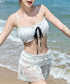 レースビキニ水着3点セットセパレート水着 フロントリボンビキニ セクシーショーツ シアーレーススカート付き フェミニン水着 透け感 ビーチウェア 花柄レースみずぎ 90YACHEN-001