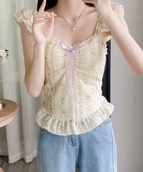 リボンフリルキャミソールカップ付きタンク 花柄レースキャミトップス大人フェミニン春夏ノースリーブトップス シアービスチェシャーリングレイヤード服韓国風タンクトップ 90YFP-001