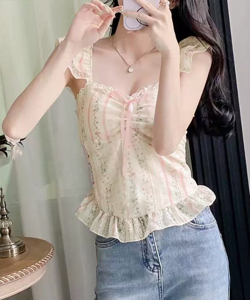 リボンフリルキャミソールカップ付きタンク 花柄レースキャミトップス大人フェミニン春夏ノースリーブトップス シアービスチェシャーリングレイヤード服韓国風タンクトップ 90YFP-001