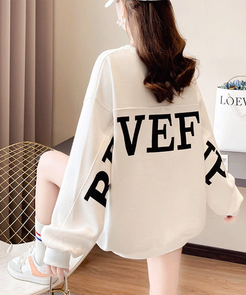 ロゴトレーナーレディースワッフルトップス 韓国風ロングTシャツ ビッグシルエット バックプリント 体型カバーゆるトップス カジュアル 長袖薄手春秋服クルーネック 90YGL-001