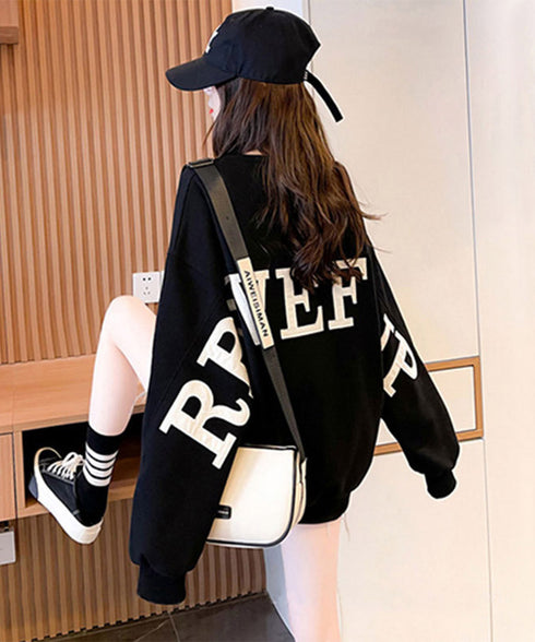 ロゴトレーナーレディースワッフルトップス 韓国風ロングTシャツ ビッグシルエット バックプリント 体型カバーゆるトップス カジュアル 長袖薄手春秋服クルーネック 90YGL-001