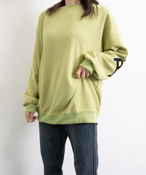 ロゴトレーナーレディースワッフルトップス 韓国風ロングTシャツ ビッグシルエット バックプリント 体型カバーゆるトップス カジュアル 長袖薄手春秋服クルーネック 90YGL-001