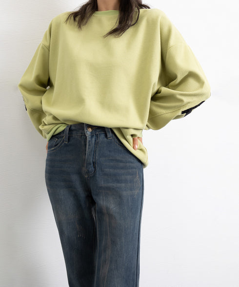 ロゴトレーナーレディースワッフルトップス 韓国風ロングTシャツ ビッグシルエット バックプリント 体型カバーゆるトップス カジュアル 長袖薄手春秋服クルーネック 90YGL-001