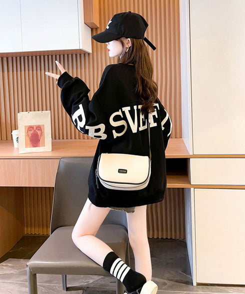 ロゴトレーナーレディースワッフルトップス 韓国風ロングTシャツ ビッグシルエット バックプリント 体型カバーゆるトップス カジュアル 長袖薄手春秋服クルーネック 90YGL-001