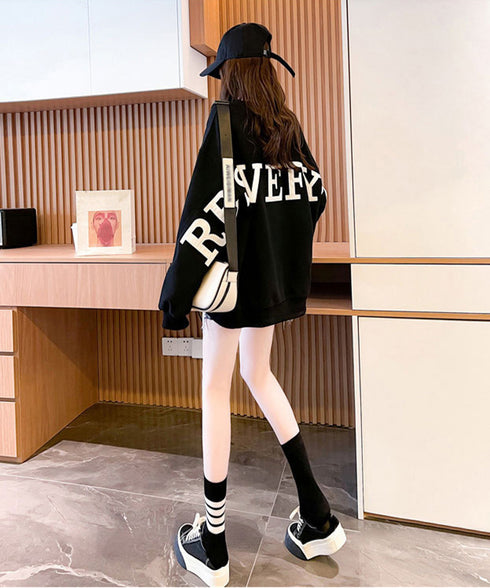 ロゴトレーナーレディースワッフルトップス 韓国風ロングTシャツ ビッグシルエット バックプリント 体型カバーゆるトップス カジュアル 長袖薄手春秋服クルーネック 90YGL-001