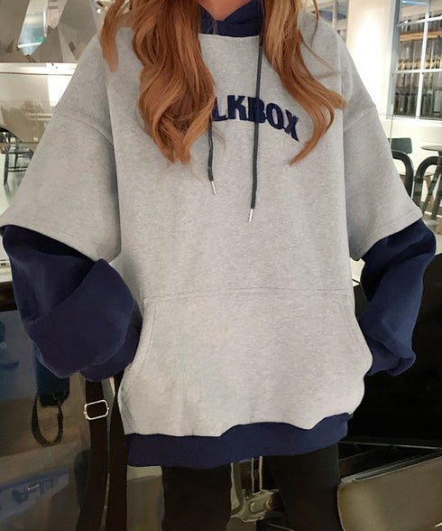裏起毛 レイヤード風 パーカーレディース 韓国風 フーディー フード付き スウェットトレーナー バイカラー 暖かいプルオーバー ゆったりロングパーカー おしゃれ 90YGL-002