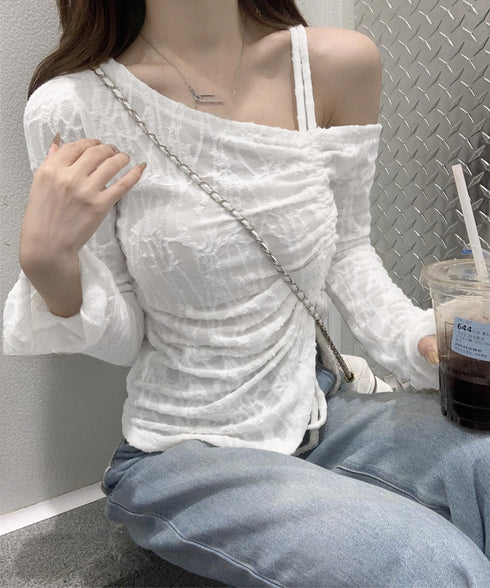 ワンオフショルダーレースTシャツギャザー アシンメトリードロストトップス フレア袖カットソー シャーリングリボン タイトTシャツ シースルーレーストップスセクシー 90YGL-003