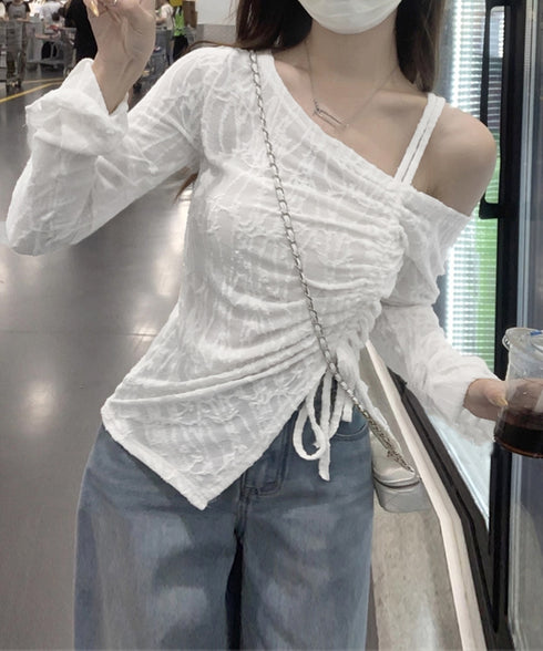 ワンオフショルダーレースTシャツギャザー アシンメトリードロストトップス フレア袖カットソー シャーリングリボン タイトTシャツ シースルーレーストップスセクシー 90YGL-003