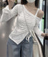 ワンオフショルダーレースTシャツギャザー アシンメトリードロストトップス フレア袖カットソー シャーリングリボン タイトTシャツ シースルーレーストップスセクシー 90YGL-003