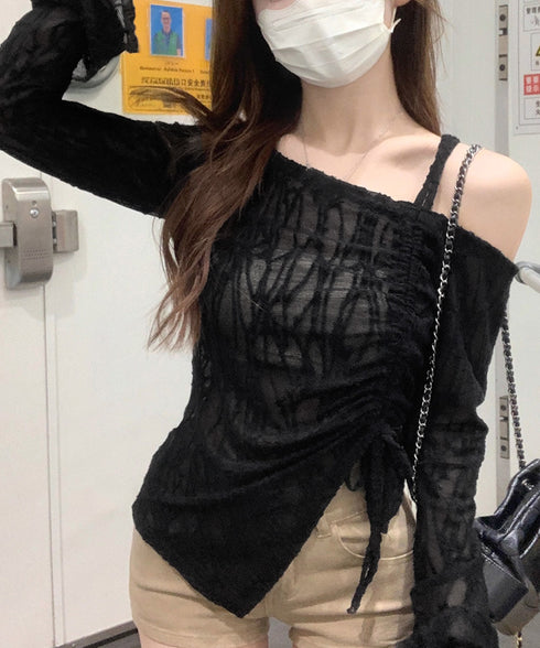 ワンオフショルダーレースTシャツギャザー アシンメトリードロストトップス フレア袖カットソー シャーリングリボン タイトTシャツ シースルーレーストップスセクシー 90YGL-003