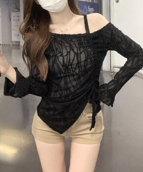 ワンオフショルダーレースTシャツギャザー アシンメトリードロストトップス フレア袖カットソー シャーリングリボン タイトTシャツ シースルーレーストップスセクシー 90YGL-003