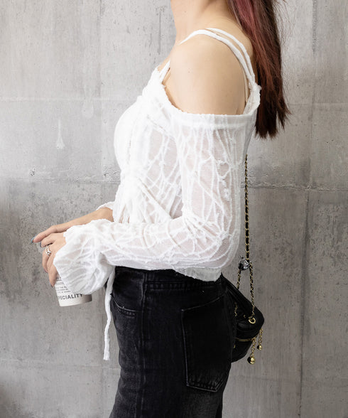 ワンオフショルダーレースTシャツギャザー アシンメトリードロストトップス フレア袖カットソー シャーリングリボン タイトTシャツ シースルーレーストップスセクシー 90YGL-003