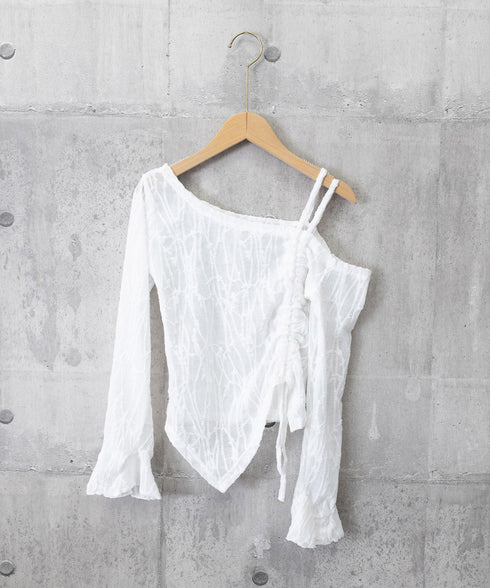 ワンオフショルダーレースTシャツギャザー アシンメトリードロストトップス フレア袖カットソー シャーリングリボン タイトTシャツ シースルーレーストップスセクシー 90YGL-003