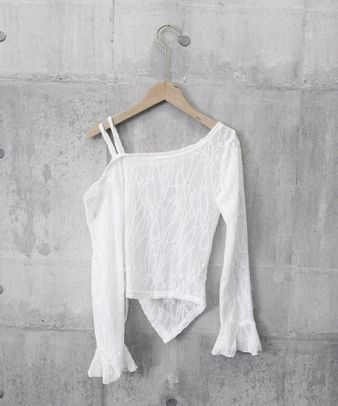 ワンオフショルダーレースTシャツギャザー アシンメトリードロストトップス フレア袖カットソー シャーリングリボン タイトTシャツ シースルーレーストップスセクシー 90YGL-003