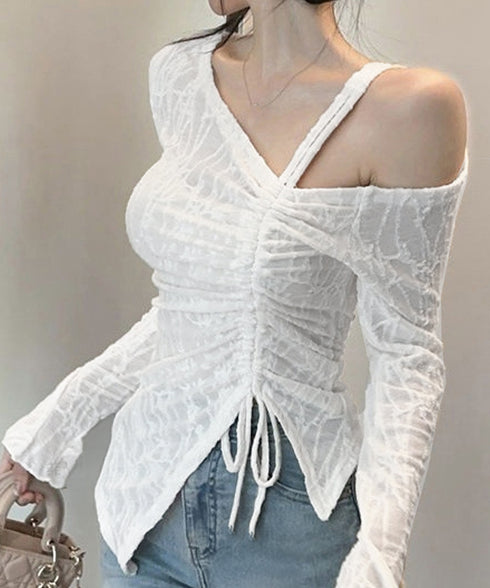 ワンオフショルダーレースTシャツギャザー アシンメトリードロストトップス フレア袖カットソー シャーリングリボン タイトTシャツ シースルーレーストップスセクシー 90YGL-003