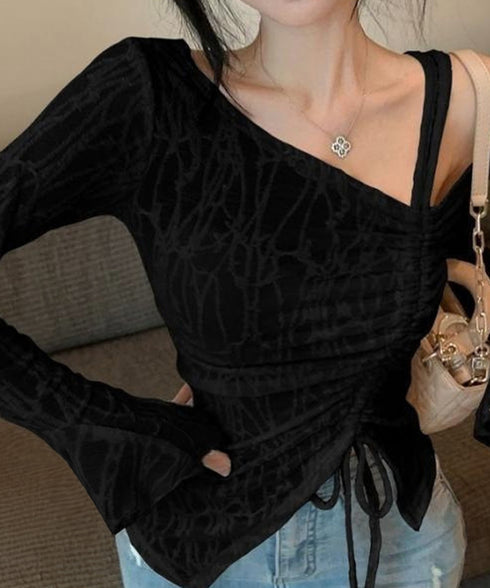 ワンオフショルダーレースTシャツギャザー アシンメトリードロストトップス フレア袖カットソー シャーリングリボン タイトTシャツ シースルーレーストップスセクシー 90YGL-003