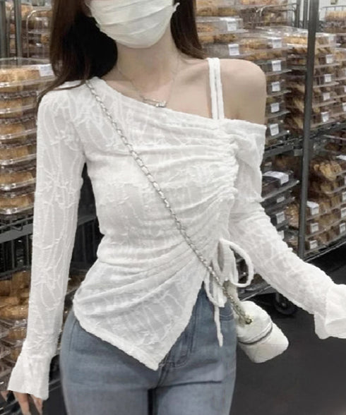 ワンオフショルダーレースTシャツギャザー アシンメトリードロストトップス フレア袖カットソー シャーリングリボン タイトTシャツ シースルーレーストップスセクシー 90YGL-003