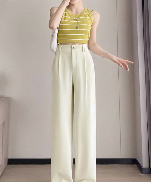 スラックスレディースタックワイドパンツ夏 ハイウエスト美脚脚長ロングパンツ 上品イージーパンツ 細見えスラックスきれいめストレートボトムス韓国風 薄手通勤服春夏秋 90YGL-005