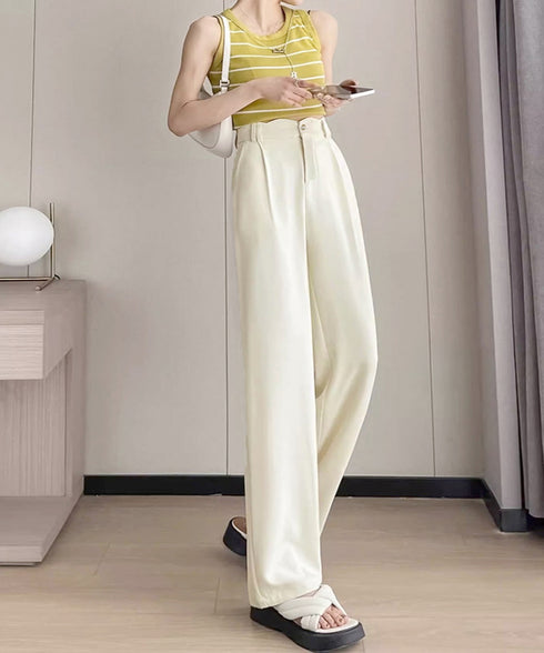 スラックスレディースタックワイドパンツ夏 ハイウエスト美脚脚長ロングパンツ 上品イージーパンツ 細見えスラックスきれいめストレートボトムス韓国風 薄手通勤服春夏秋 90YGL-005