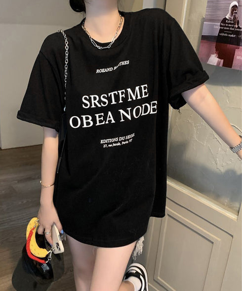 ロゴプリントTシャツ 半袖韓国風トップス レディース ビッグtシャツ クルーネックプルオーバー 着やせ ゆったりカットソー 大人カジュアル ミドル丈Tシャツ 夏服 90YKL-001