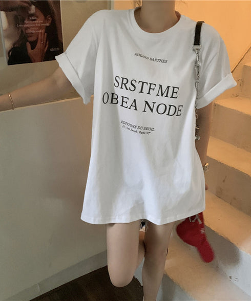 ロゴプリントTシャツ 半袖韓国風トップス レディース ビッグtシャツ クルーネックプルオーバー 着やせ ゆったりカットソー 大人カジュアル ミドル丈Tシャツ 夏服 90YKL-001