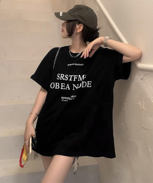 ロゴプリントTシャツ 半袖韓国風トップス レディース ビッグtシャツ クルーネックプルオーバー 着やせ ゆったりカットソー 大人カジュアル ミドル丈Tシャツ 夏服 90YKL-001