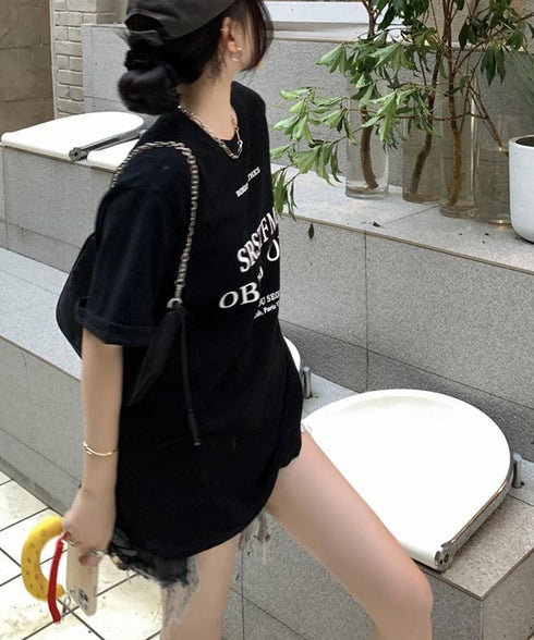 ロゴプリントTシャツ 半袖韓国風トップス レディース ビッグtシャツ クルーネックプルオーバー 着やせ ゆったりカットソー 大人カジュアル ミドル丈Tシャツ 夏服 90YKL-001