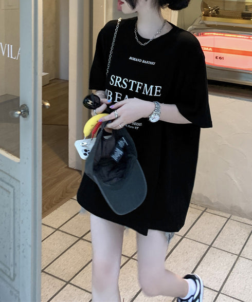 ロゴプリントTシャツ 半袖韓国風トップス レディース ビッグtシャツ クルーネックプルオーバー 着やせ ゆったりカットソー 大人カジュアル ミドル丈Tシャツ 夏服 90YKL-001