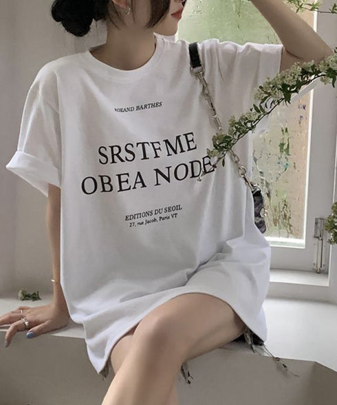 ロゴプリントTシャツ 半袖韓国風トップス レディース ビッグtシャツ クルーネックプルオーバー 着やせ ゆったりカットソー 大人カジュアル ミドル丈Tシャツ 夏服 90YKL-001