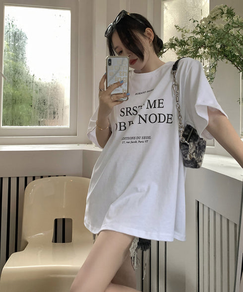 ロゴプリントTシャツ 半袖韓国風トップス レディース ビッグtシャツ クルーネックプルオーバー 着やせ ゆったりカットソー 大人カジュアル ミドル丈Tシャツ 夏服 90YKL-001