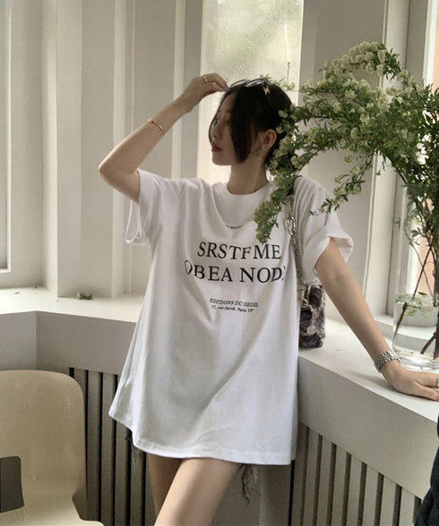 ロゴプリントTシャツ 半袖韓国風トップス レディース ビッグtシャツ クルーネックプルオーバー 着やせ ゆったりカットソー 大人カジュアル ミドル丈Tシャツ 夏服 90YKL-001