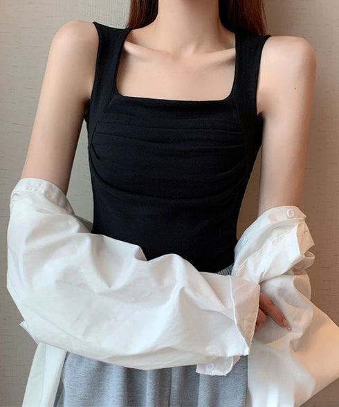 カップ付き タンクトップ スクエアネック チビタンクトップ ショート丈 重ね着 肌着 胸元プリーツ へそ出し インナーウェア セクシー 可愛いダンス衣装カジュアル 90YKL-002