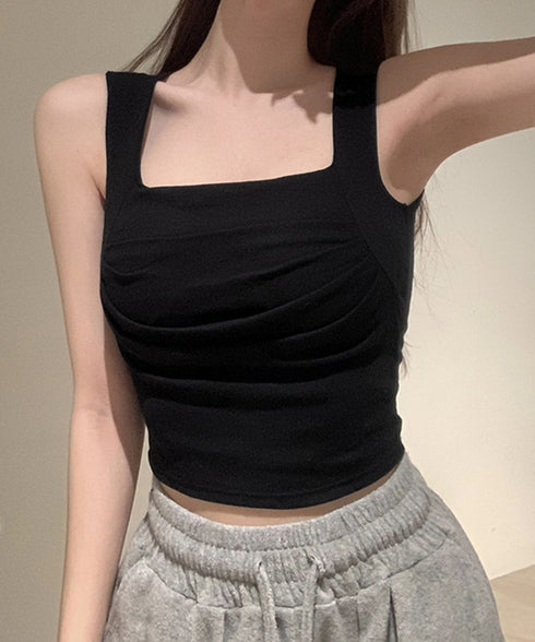 カップ付き タンクトップ スクエアネック チビタンクトップ ショート丈 重ね着 肌着 胸元プリーツ へそ出し インナーウェア セクシー 可愛いダンス衣装カジュアル 90YKL-002