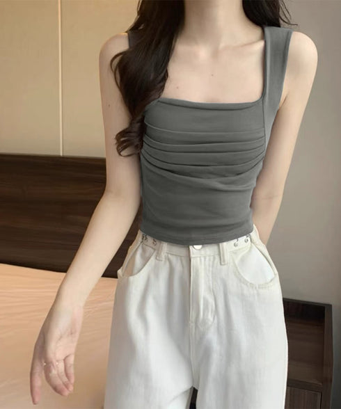 カップ付き タンクトップ スクエアネック チビタンクトップ ショート丈 重ね着 肌着 胸元プリーツ へそ出し インナーウェア セクシー 可愛いダンス衣装カジュアル 90YKL-002