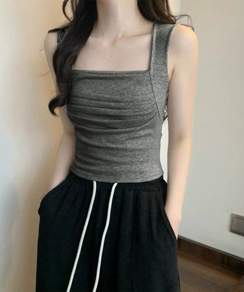 カップ付き タンクトップ スクエアネック チビタンクトップ ショート丈 重ね着 肌着 胸元プリーツ へそ出し インナーウェア セクシー 可愛いダンス衣装カジュアル 90YKL-002