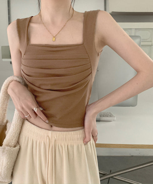 カップ付き タンクトップ スクエアネック チビタンクトップ ショート丈 重ね着 肌着 胸元プリーツ へそ出し インナーウェア セクシー 可愛いダンス衣装カジュアル 90YKL-002