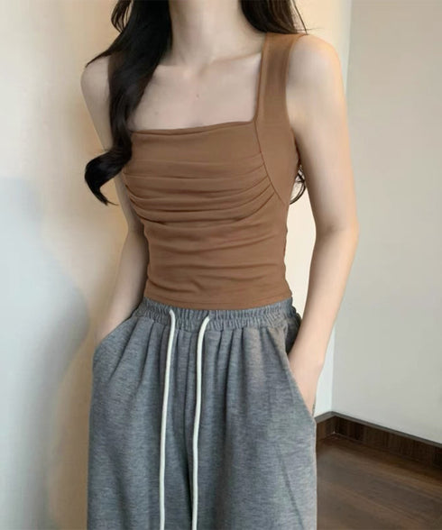 カップ付き タンクトップ スクエアネック チビタンクトップ ショート丈 重ね着 肌着 胸元プリーツ へそ出し インナーウェア セクシー 可愛いダンス衣装カジュアル 90YKL-002