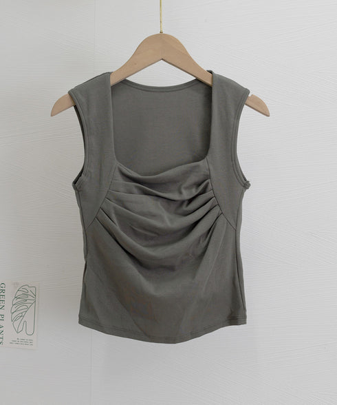 カップ付き タンクトップ スクエアネック チビタンクトップ ショート丈 重ね着 肌着 胸元プリーツ へそ出し インナーウェア セクシー 可愛いダンス衣装カジュアル 90YKL-002