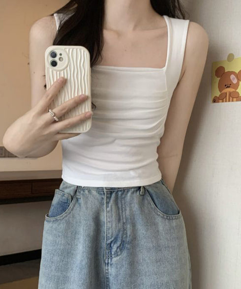 カップ付き タンクトップ スクエアネック チビタンクトップ ショート丈 重ね着 肌着 胸元プリーツ へそ出し インナーウェア セクシー 可愛いダンス衣装カジュアル 90YKL-002