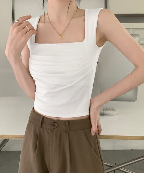 カップ付き タンクトップ スクエアネック チビタンクトップ ショート丈 重ね着 肌着 胸元プリーツ へそ出し インナーウェア セクシー 可愛いダンス衣装カジュアル 90YKL-002