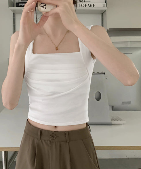 カップ付き タンクトップ スクエアネック チビタンクトップ ショート丈 重ね着 肌着 胸元プリーツ へそ出し インナーウェア セクシー 可愛いダンス衣装カジュアル 90YKL-002