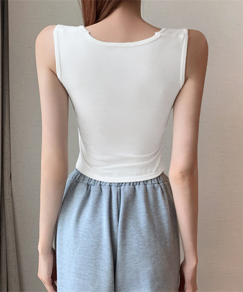 カップ付き タンクトップ スクエアネック チビタンクトップ ショート丈 重ね着 肌着 胸元プリーツ へそ出し インナーウェア セクシー 可愛いダンス衣装カジュアル 90YKL-002