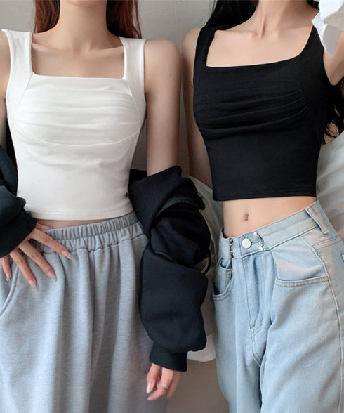 カップ付き タンクトップ スクエアネック チビタンクトップ ショート丈 重ね着 肌着 胸元プリーツ へそ出し インナーウェア セクシー 可愛いダンス衣装カジュアル 90YKL-002