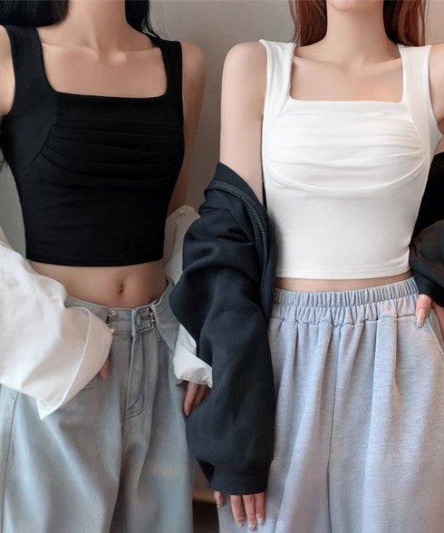 カップ付き タンクトップ スクエアネック チビタンクトップ ショート丈 重ね着 肌着 胸元プリーツ へそ出し インナーウェア セクシー 可愛いダンス衣装カジュアル 90YKL-002