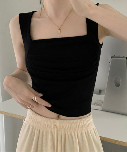 カップ付き タンクトップ スクエアネック チビタンクトップ ショート丈 重ね着 肌着 胸元プリーツ へそ出し インナーウェア セクシー 可愛いダンス衣装カジュアル 90YKL-002