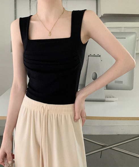 カップ付き タンクトップ スクエアネック チビタンクトップ ショート丈 重ね着 肌着 胸元プリーツ へそ出し インナーウェア セクシー 可愛いダンス衣装カジュアル 90YKL-002