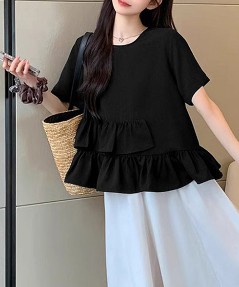 アシンメトリーフリルtシャツ 異素材夏服 レディース 大人可愛いカットソー 体型カバー フリルギャザートップス 着やせペプラムブラウス おしゃれ裾フレアカットソー 90YKL-003